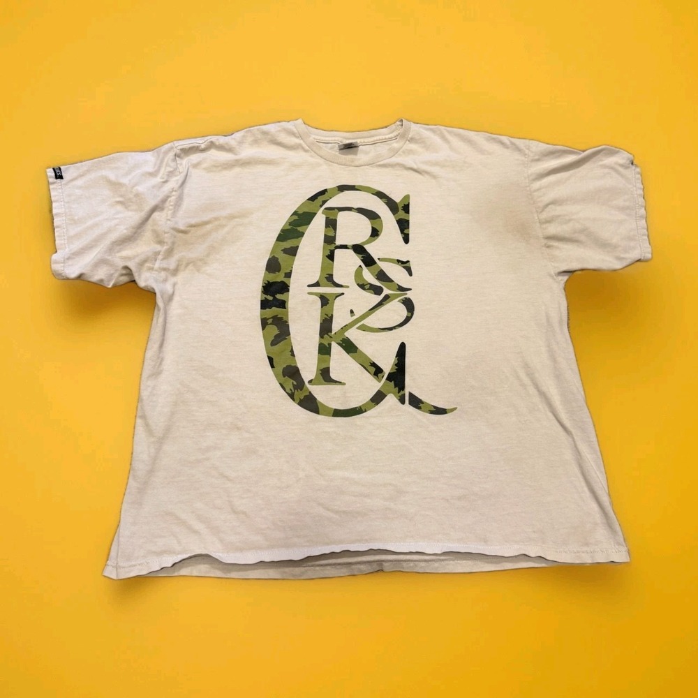Crooks & Castles Short Sleeve T-Shirt Ivory Men's 2XL Camo Green Cotton Top Tee
